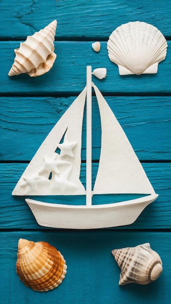 nautical concept with white decorative sail boat seashells over blue wooden background