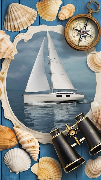 nautical concept with white sail boat seashells old retro compass and binoculars over blue wooden