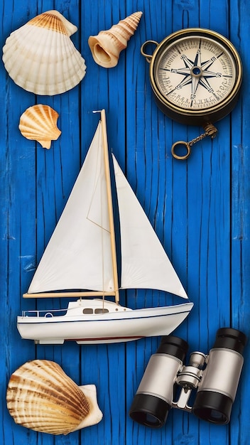 Photo nautical concept with white sail boat seashells old retro compass and binoculars over blue wooden