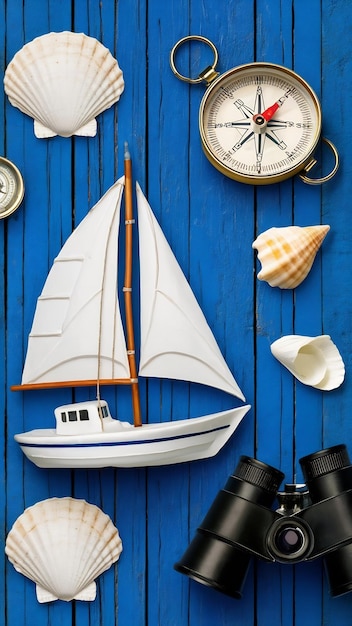 nautical concept with white sail boat seashells old retro compass and binoculars over blue wooden