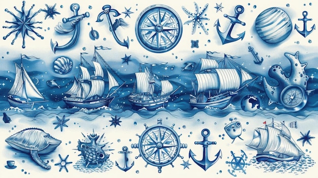 Photo nautical dreams a blue and white tapestry of ships anchors and stars