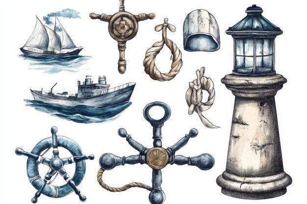 Photo nautical elements watercolor illustration