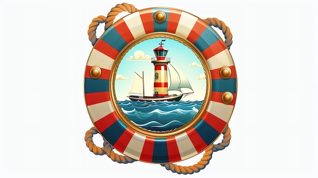 Photo nautical emblem with a view of a lighthouse and boat through a porthole