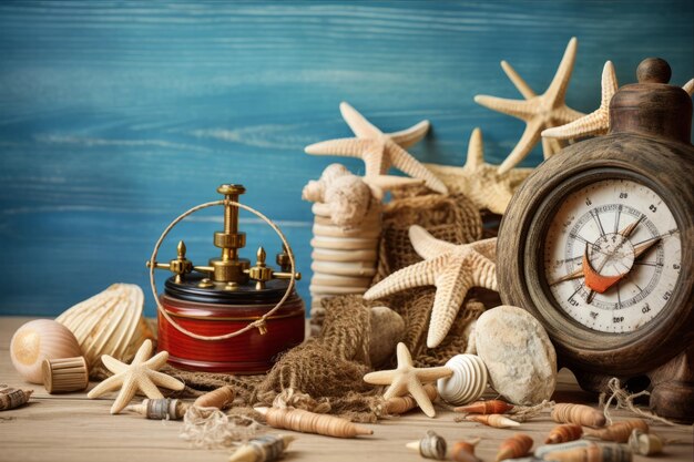 Photo nautical escapade a captivating sea life inspired travel display on a wooden table