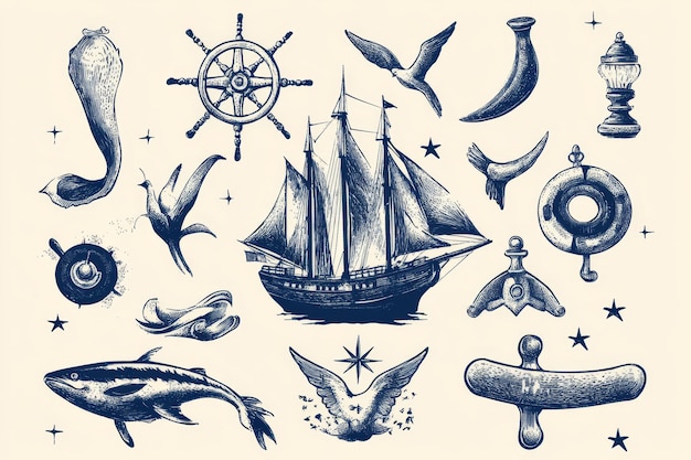 Photo nautical illustration a collection of seafaring symbols