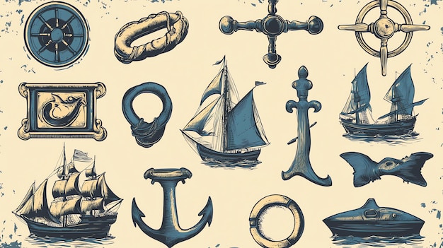 Photo nautical illustrations including ships anchors wheels and other maritime equipment