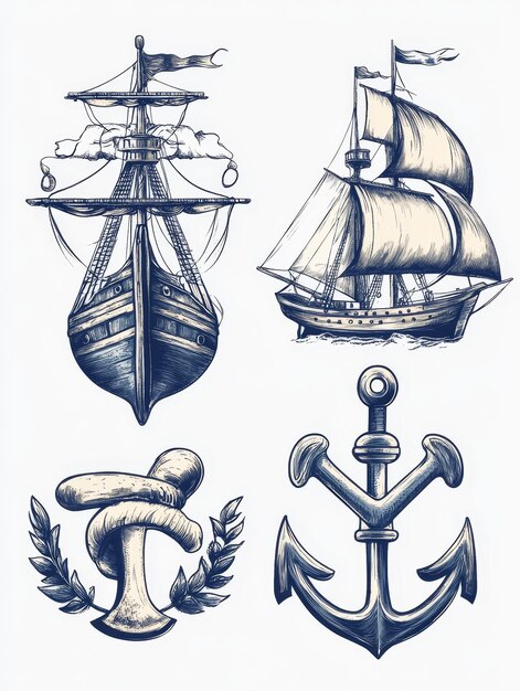 Photo nautical illustrations ships and anchors