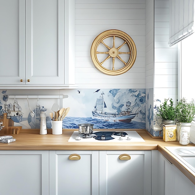 Nautical Kitchen Design with Ship Wheel and Ship Illustration