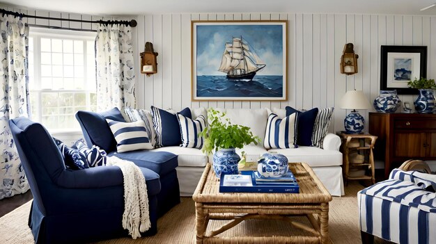 Photo nautical living room create a nautical living room with a palette of navy blue and white use stripe