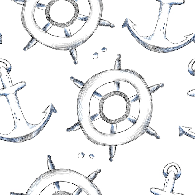 Nautical pattern with anchors and ship wheels perfect for marine decor and design projects