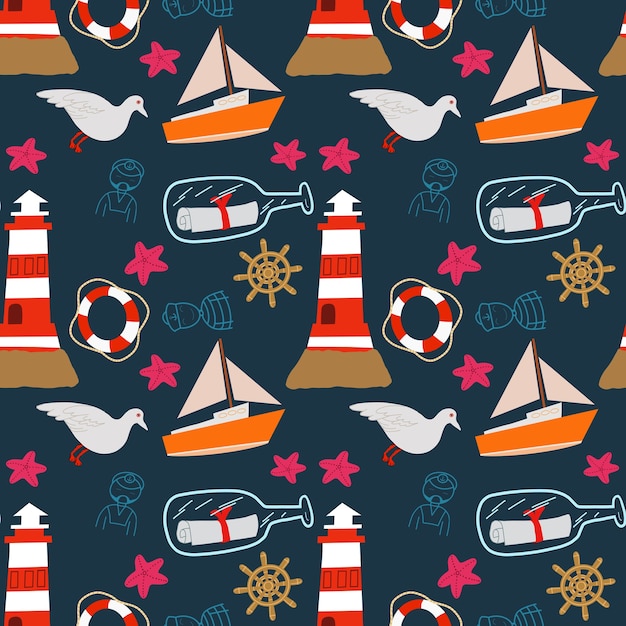 Nautical seamless pattern with ships and lighthouse. Kids hand drawn print. illustration.