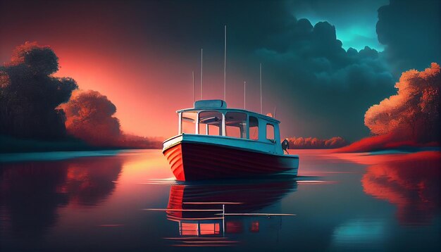 Nautical vessel sails through tranquil sunset waters generative AI