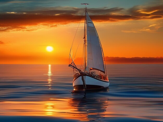 Nautical vessel sails on tranquil water seagull reflects sunset beauty