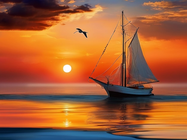 Nautical vessel sails on tranquil water seagull reflects sunset beauty