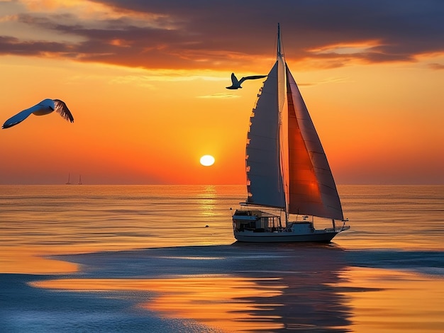 Nautical vessel sails on tranquil water seagull reflects sunset beauty