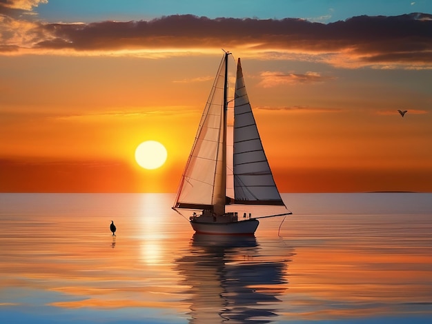 Nautical vessel sails on tranquil water seagull reflects sunset beauty