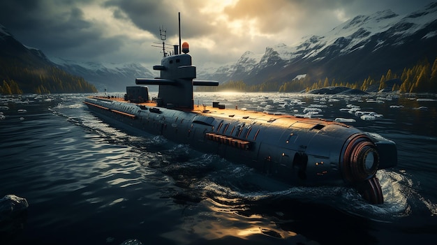 Naval modern submarine on open sea surface