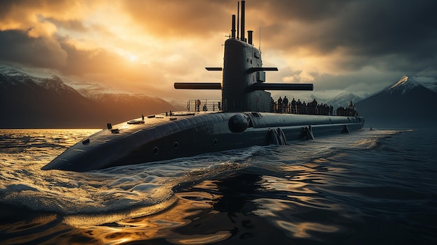 Naval submarine on open sea surface with cloudy sky