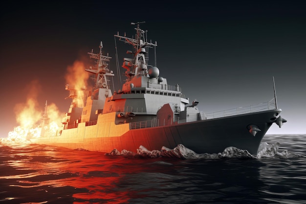 Naval warship engulfed in flames on open sea at night