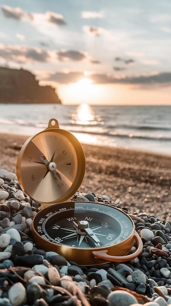 Navigation concept compass is lying on the beach near the sea