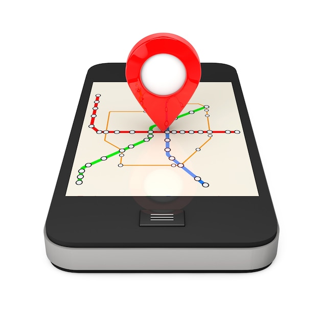 Navigation via Smartphone. Location Pointer on Phone with Abstract Transportation Metro or Subway Map on a white background. 3d Rendering