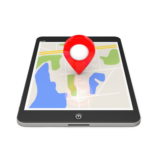 Navigation via Tablet PC. Location Pointer on Tablet PC with Map on a white background. 3d Rendering