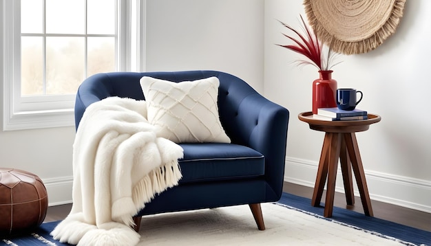 Navy armchair on a rug and wooden stool with pillows in white room