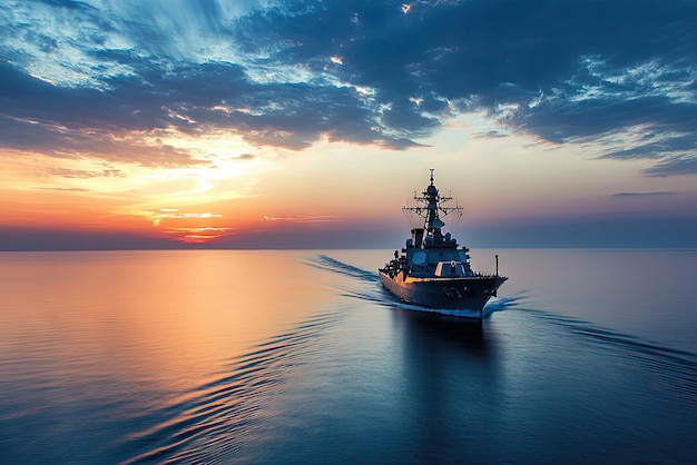 A navy battleship gracefully sails through calm waters as the sun sets illuminating the sky with stunning shades of orange and blue