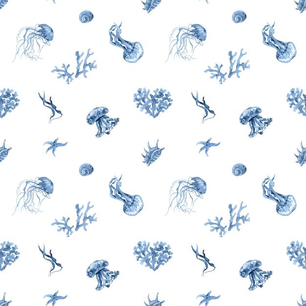 Navy Blue Coral Watercolor Seamless Pattern. Ocean, Sea Underwater inhabitans, Fish, Jellyfish,Shell Set. Trendy Summer Tropical Textile print