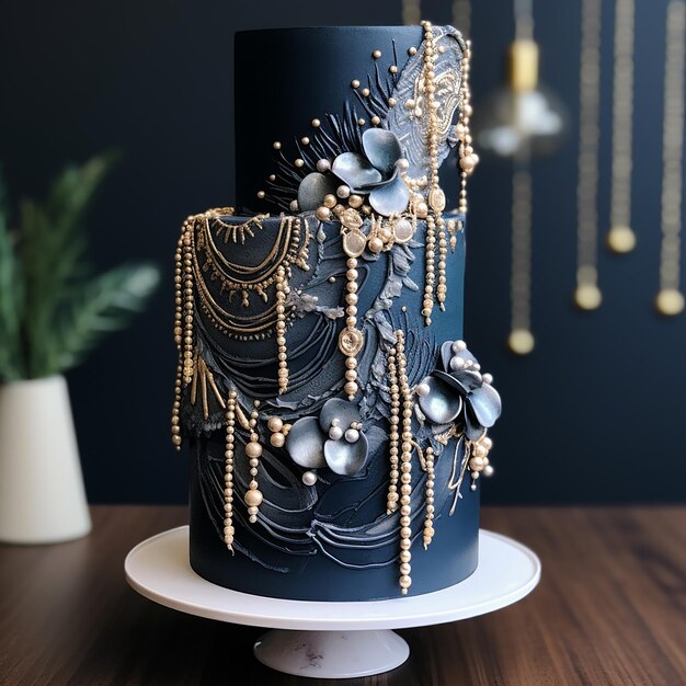 Navy Blue Layered Cake with Pearls