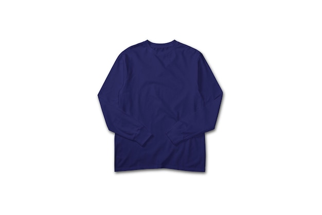 Navy blue long sleeve t shirt top view flat lay concept isolated on plain background