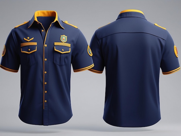 Photo a navy blue shortsleeved uniform shirt with yellow accents and a patch on the left chest the shirt