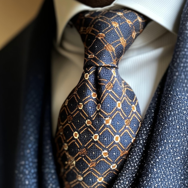 A navy blue tie with a geometric pattern of brown and white circles worn with a white shirt and a navy blue suit jacket