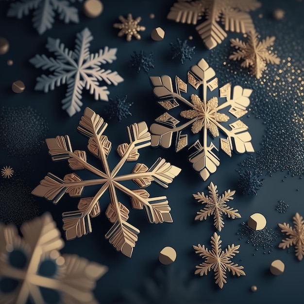 Navy christmas background with snowflakes and gold sequins 3d illustration