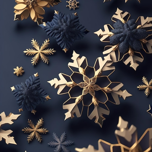 Navy christmas background with snowflakes and gold sequins 3d illustration