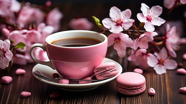 A navy cup of coffee paired with a few cookies adorned with delicate sakura blossoms on the table