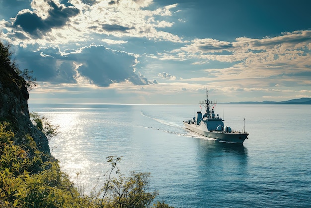 A Navy frigate glides peacefully across the shimmering ocean securing the coastline against potential threats and maintaining peace