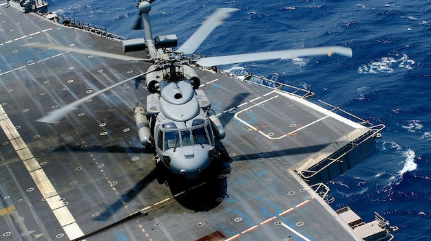 Navy helicopter landing on warship