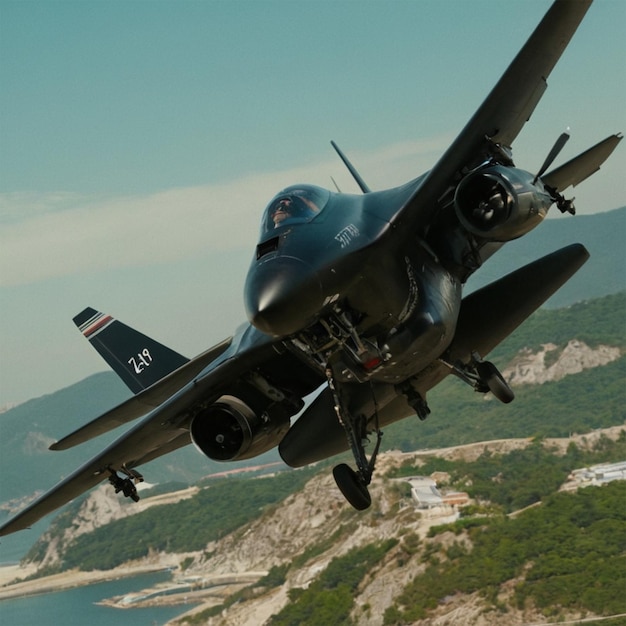 Photo a navy jet is flying over a beach and a body of water