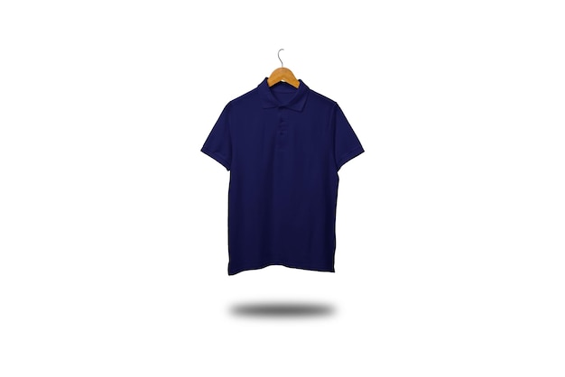 Navy polo shirt short sleeve on wooden hanger isolated on white background