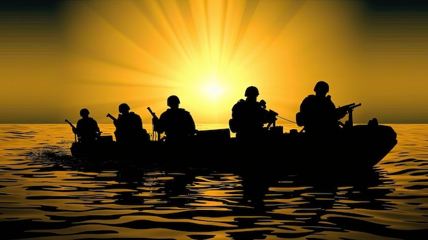 Photo navy seal silhouette braving the sunrise in active combat and conflict set against an artistic