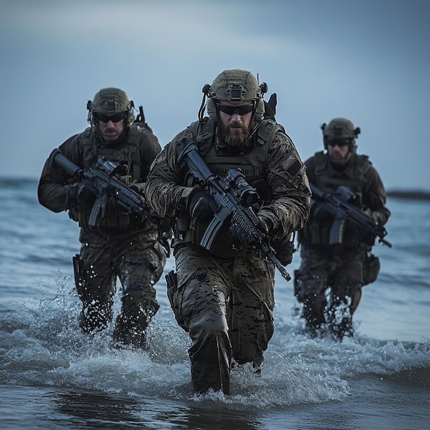 Photo a navy seal team emerging from the water during an amphibious operation