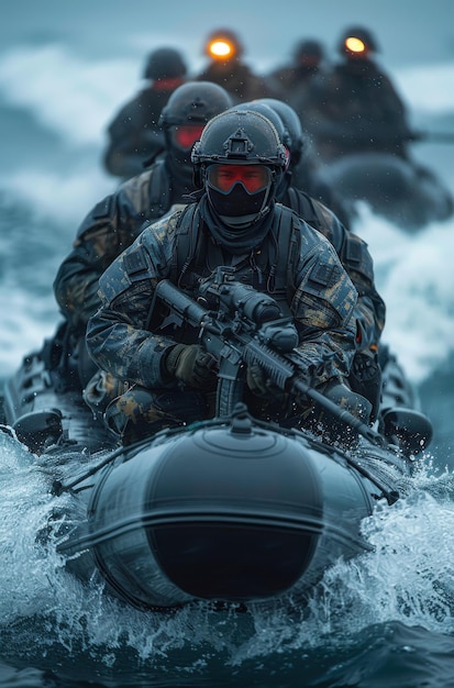 Photo navy seal team six engages in tactical training on a rubber craft during a training exercise at sea