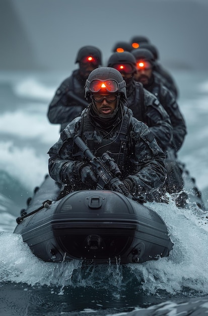 Photo navy seal team six in highspeed rubber boat navigating rough seas during a tactical mission