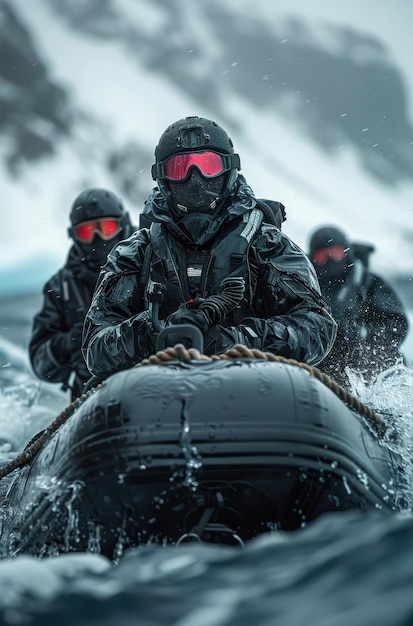 Photo navy seal team six navigates rough seas in a black rubber boat