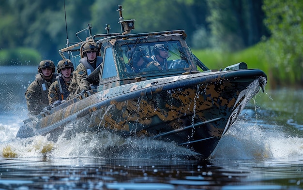 Photo navy seals navigate a highspeed military boat with camouflage through a serene waterway during a training exercise