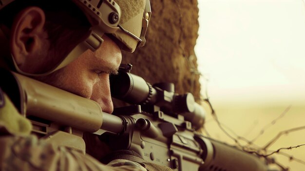 Photo navy sniper in a concealed position focused target