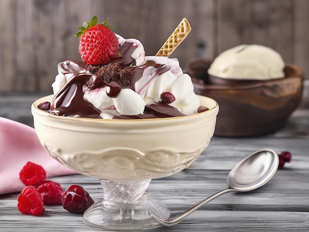 ndulgent homemade ice cream sundae on rustic wooden table