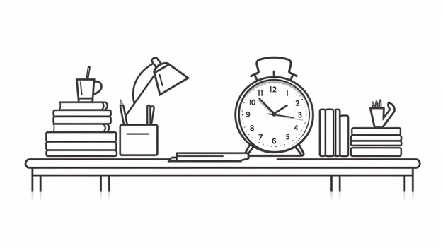 ne continuous line drawing of pencil case alarm clocks and calendar on office desk