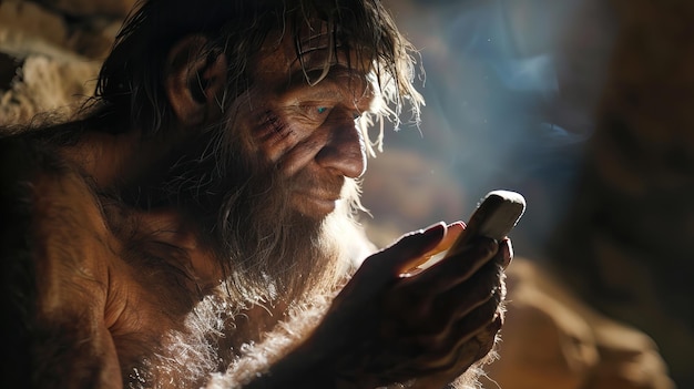 Neanderthal Man Smiling While Using a Mobile Device Ancient Meets Modern